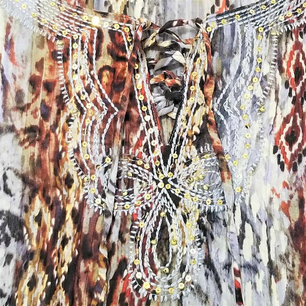 Top, Blouse. Blue, Brown, Rust Multi Pattern. Embroidered. Size 1X. - Picture 10 of 16